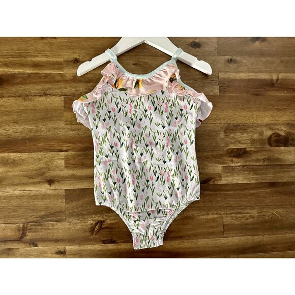 NNWT SweetHoney Mary One Piece Swimsuit Savannah Floral Ruffle White Pink 4T - Picture 2 of 7